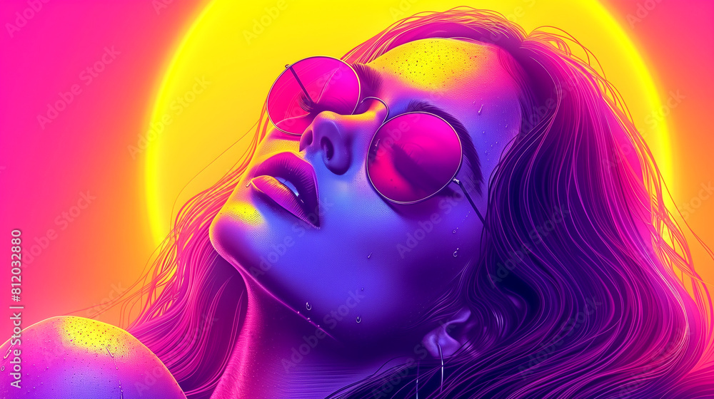 A woman with sunglasses on her face is shown in a bright, neon color