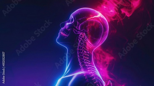 A clinical Xray image of the cervical spine, utilizing synthwave styling with neon lighting to delineate crucial areas that may contribute to migraine headaches
