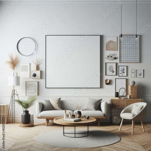 living room with a template mockup poster empty white and With Couch And Coffee Table image art realistic photo harmony. © john