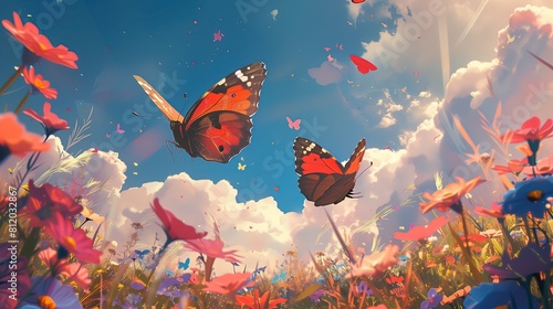 Dwaj motyle unoszą się w powietrzu nad polem pełnym kolorowych kwiatów. Zapewne szukają nektaru do zbierania, poruszając swoimi delikatnymi skrzydełkami photo