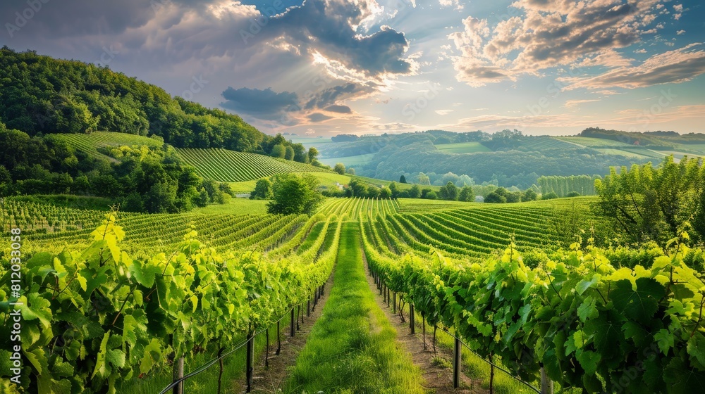 Vineyard landscape with rows of lush green vines bearing seedless grapes
