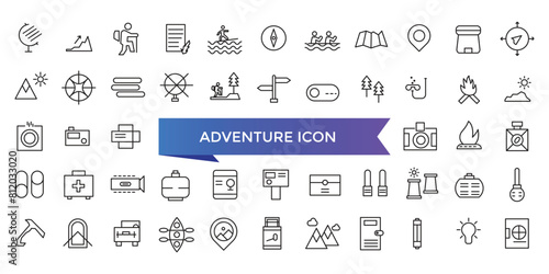 Adventure icon collection. Related to hike, campfire, snorkeling, climbing, travel and canoeing icons. Outdoor activity concept icon set.