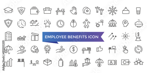 Employee benefits icon collection. Related to social security, pay raise, health and life insurance, paid vacation, bonus and more icons set.
