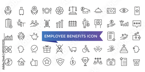 Employee benefits icon collection. Related to social security, pay raise, health and life insurance, paid vacation, bonus and more icons set.