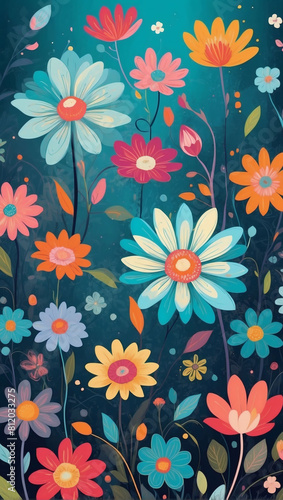 Whimsical Blossom Fantasy, Abstract Illustration Featuring Colorful Flowers
