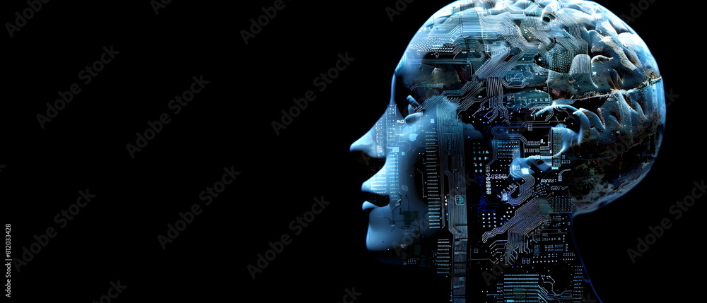 Half-frontal view of a normal human head made from Circuit board CPU chip with AI smart brain Overlay X-ray image of a human skull, Artificial intelligence of brain Half-frontal view of a normal human head made from Circuit board CPU chip with AI smart brain Overlay X-ray image of a human skull, Artificial intelligence of brain