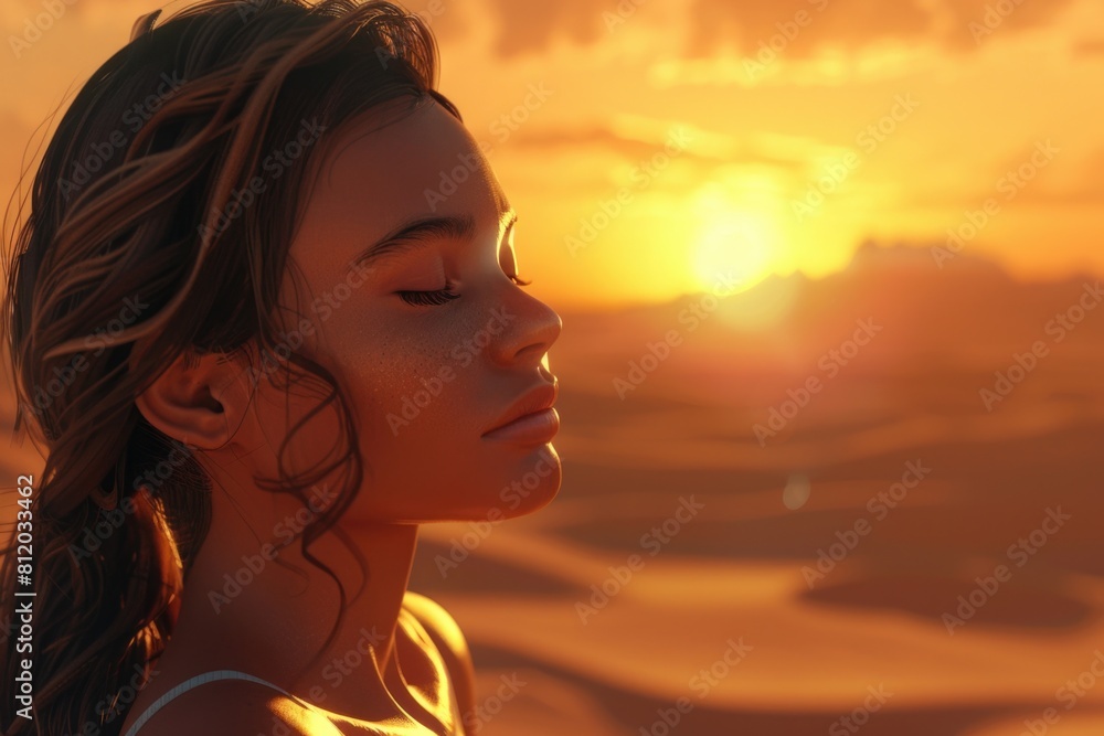 Woman standing with eyes closed in front of the sun, suitable for wellness and relaxation concepts Woman standing with eyes closed in front of the sun, suitable for wellness and relaxation concepts