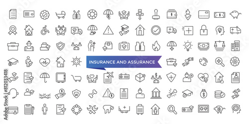 Insurance and assurance icon collection. Related to healthcare medical, life, car, home, travel insurance icons. Line icons vector set.