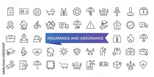Insurance and assurance icon collection. Related to healthcare medical, life, car, home, travel insurance icons. Line icons vector set.