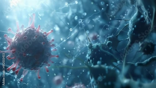 Dramatic depiction of a virus shows a detailed and intense scene of a viral outbreak, emphasizing the connectivity and complexity of pathogenic interactions. Immune protection of the body photo
