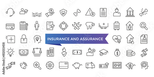 Insurance and assurance icon collection. Related to healthcare medical, life, car, home, travel insurance icons. Line icons vector set.