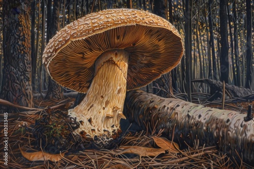 Hyperrealistic close-up of a single mushroom on the forest floor, intricate details of the cap and gills