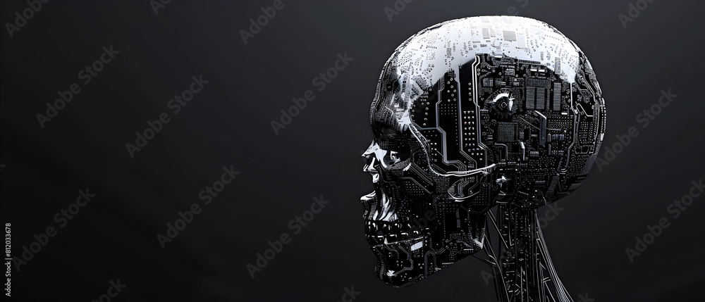 Half-frontal view of a normal human head made from Circuit board CPU chip with AI smart brain Overlay X-ray image of a human skull, Artificial intelligence of brain Half-frontal view of a normal human head made from Circuit board CPU chip with AI smart brain Overlay X-ray image of a human skull, Artificial intelligence of brain