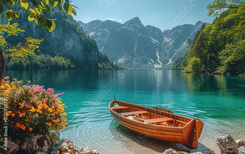 A boat is parked on the shore of a lake