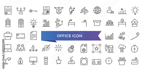 Office icon collection. Related to briefcase, desk, computer, meeting, employee, schedule and co-worker symbol. Line workspace icons vector set.