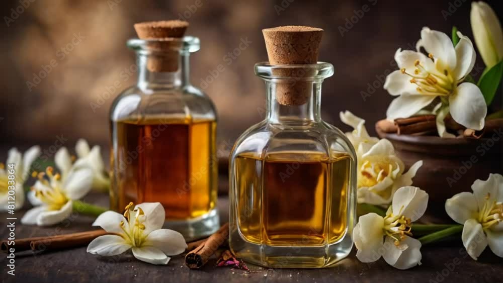 Bottles with cosmetic oil, vanilla flower on old background Bottles with cosmetic oil, vanilla flower on old background