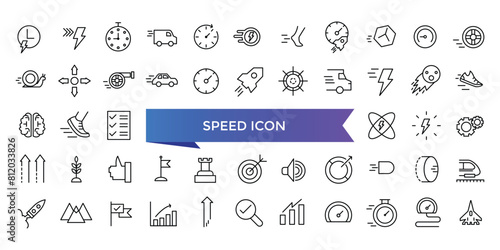 Speed icon collection. Related to fast, slow, movement, productivity, indicator, turbo, speeding, gauge, express and speedometer icons set.