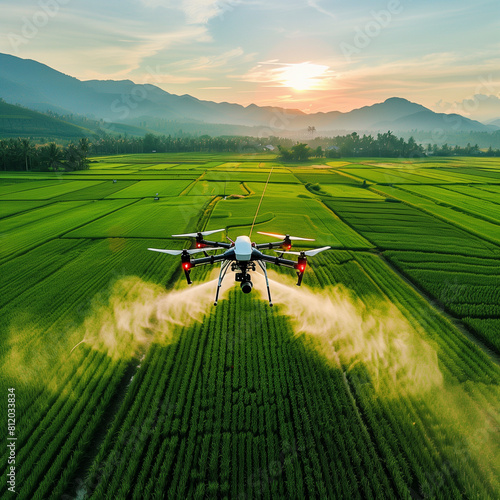 A large drone spraying insecticide over a vast, expansive rice field.  photo