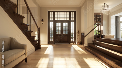 Chic entrance featuring a chocolate brown staircase expansive front door and broad light hardwood floors leading to a tall ceiling Warm inviting atmosphere