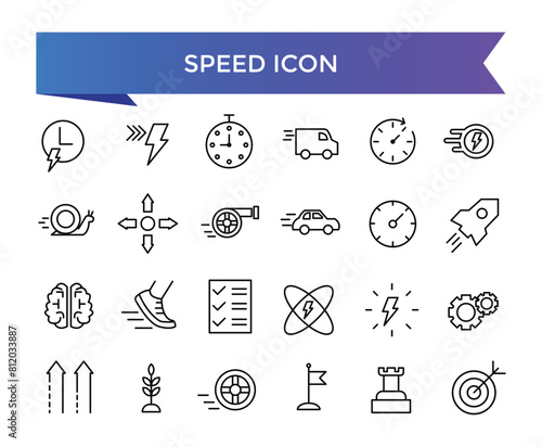 Speed icon collection. Related to fast, slow, movement, productivity, indicator, turbo, speeding, gauge, express and speedometer icons set.