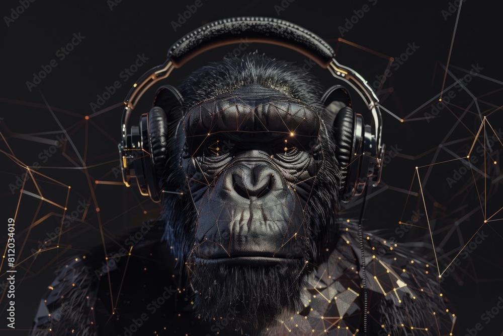 A gorilla wearing headphones in front of a dark backdrop. Suitable for music and entertainment concepts