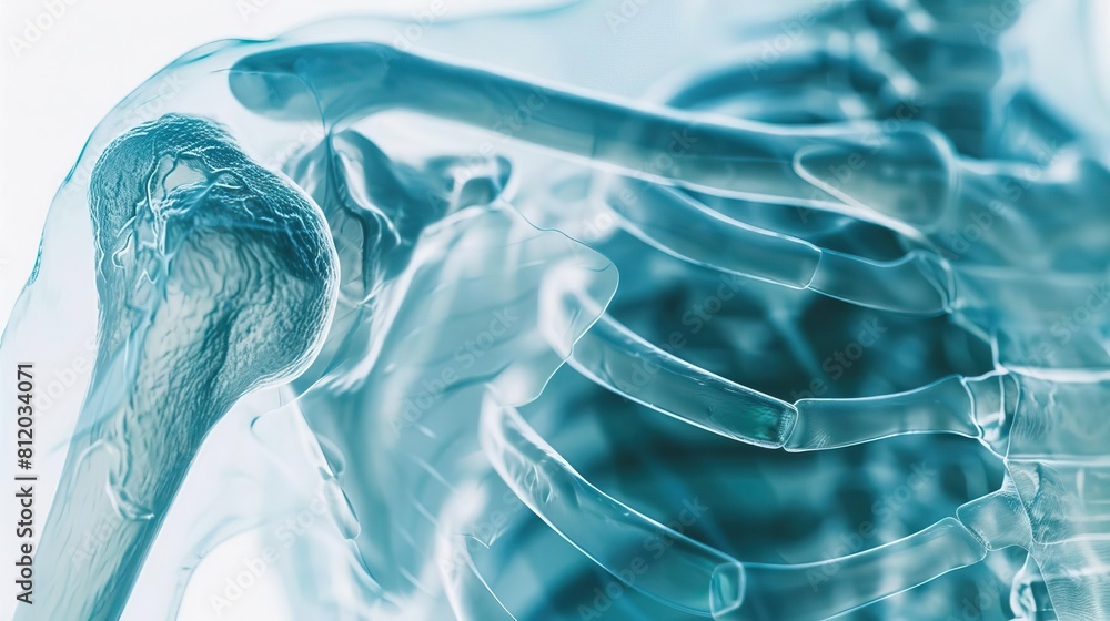 Fototapeta premium A visually appealing Xray of the shoulder and upper spine, showcasing the intricate bone structure and vertebrae, perfect for advertising a chiropractic shoulder pain consultation