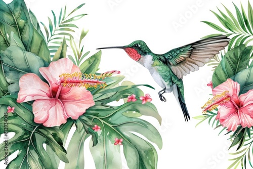 Beautiful watercolor painting of a hummingbird surrounded by colorful flowers. Perfect for nature-themed designs or greeting cards