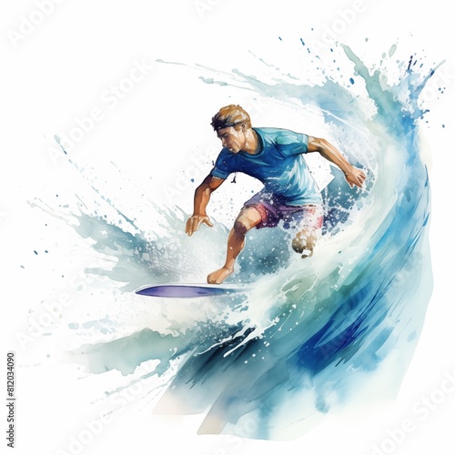 Watercolor sport illustration of surfing with colorful splashes. Surfing on a wave