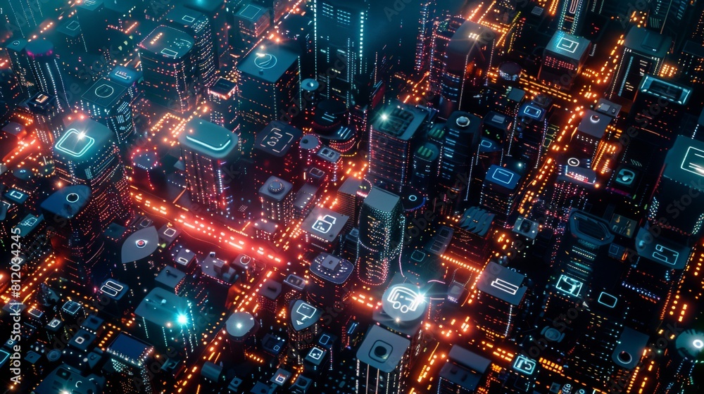 Top-down view of a city illuminated by streetlights and neon signs, resembling a sparkling circuit board Top-down view of a city illuminated by streetlights and neon signs, resembling a sparkling circuit board