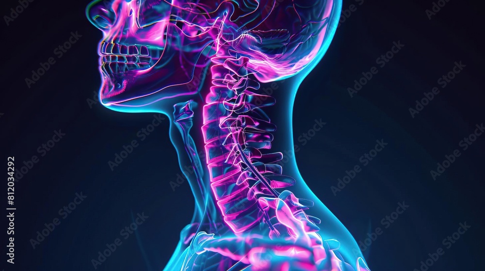 A highresolution Xray of the neck, creatively rendered with neon accents to spotlight key vertebrae and structures involved in the pathophysiology of migraine headaches A highresolution Xray of the neck, creatively rendered with neon accents to spotlight key vertebrae and structures involved in the pathophysiology of migraine headaches