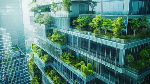An innovative eco-technology building enveloped in vibrant green trees