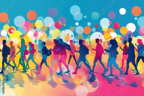 A group of people walking down a street with colorful balloons in the background. Suitable for various festive occasions