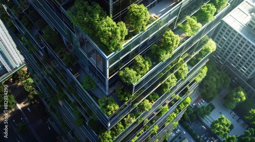 Modern skyscraper architecture features tiered balconies integrated with lush vertical gardens to promote sustainable urban living for residential developments.