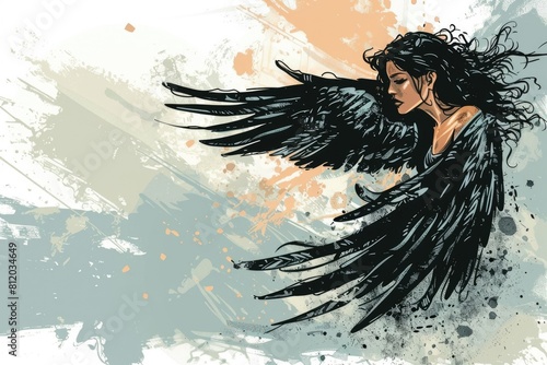 Illustration of a woman with black wings. Suitable for fantasy and dark themed projects