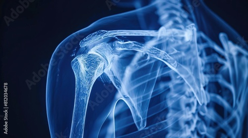 A visually appealing Xray of the shoulder and upper spine, showcasing the intricate bone structure and vertebrae, perfect for advertising a chiropractic shoulder pain consultation
