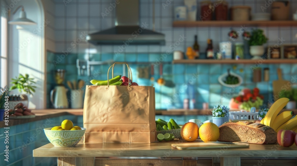Fototapeta premium A vibrant scene unfolds in the kitchen where a paper bag brimming with nourishing goodies takes center stage against a backdrop of wholesome foods This snapshot embodies the essence of supe