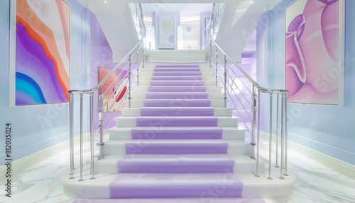 Contemporary mansion entryway with pastel lavender carpeted stairs framed by chrome railings and a white marble floor Abstract art decorates the walls enhancing the modern aesthetic
