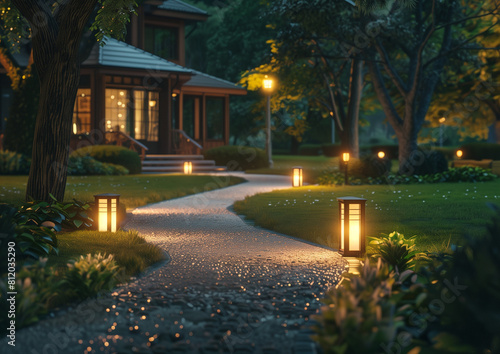 An illuminated path in front of the residential house leads deep into the night, providing a safe path for residents and guests.