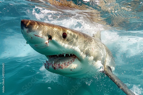 Captivating image of a great white shark showcasing its formidable jaws beneath the waves
