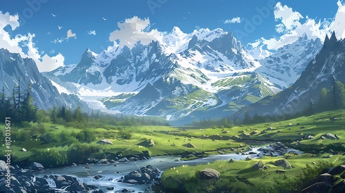 A majestic mountain landscape with snow-capped peaks and a winding river  under a clear blue sky  an inspiring nature scene.
