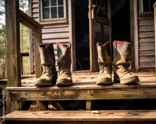 Retired workers steeltoe boots on a porch, heavily worn from years of labor, representing hard work and reliability photo