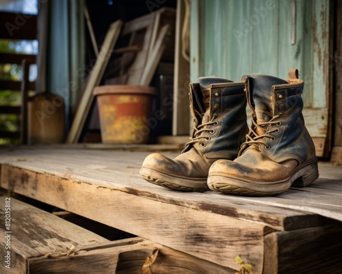 Retired workers steeltoe boots on a porch  heavily worn from years of labor  representing hard work and reliability