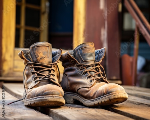 Retired workers steeltoe boots on a porch, heavily worn from years of labor, representing hard work and reliability