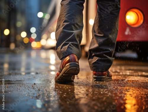 Closeup of a commuter s feet as they step off a city bus onto a rainslicked street, highlighting urban transportation