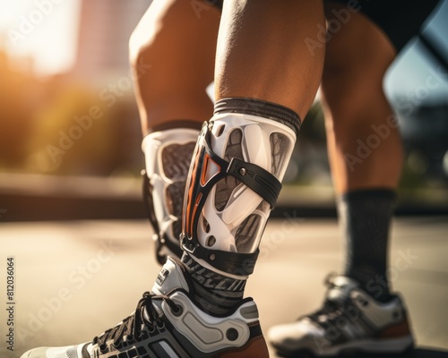 Closeup of a knee brace being adjusted on an athletes leg  focusing on sports injury prevention and care