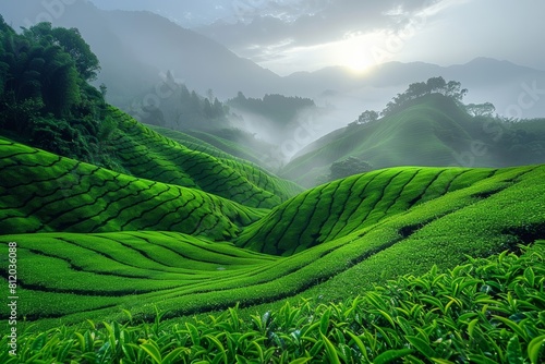 Picturesque tea plantations shrouded in morning mist photo