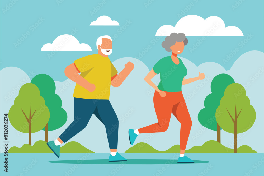 Senior couple engaged in jogging in local park vector design