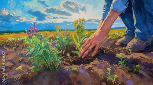 Obraz przedstawia osobę kopiącą w polu. Postać skupiona nad pracą, chłonie glebę, by zasiać nasiona. Całość odzwierciedla pracę w przyrodzie i związane z nią owoce photo