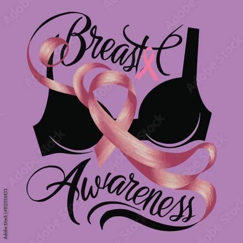Women Breast Cancer Awareness background with brassiere (Bra) Calligraphy in Pink Ribbon international symbol for month  October suitable for clipart and poster