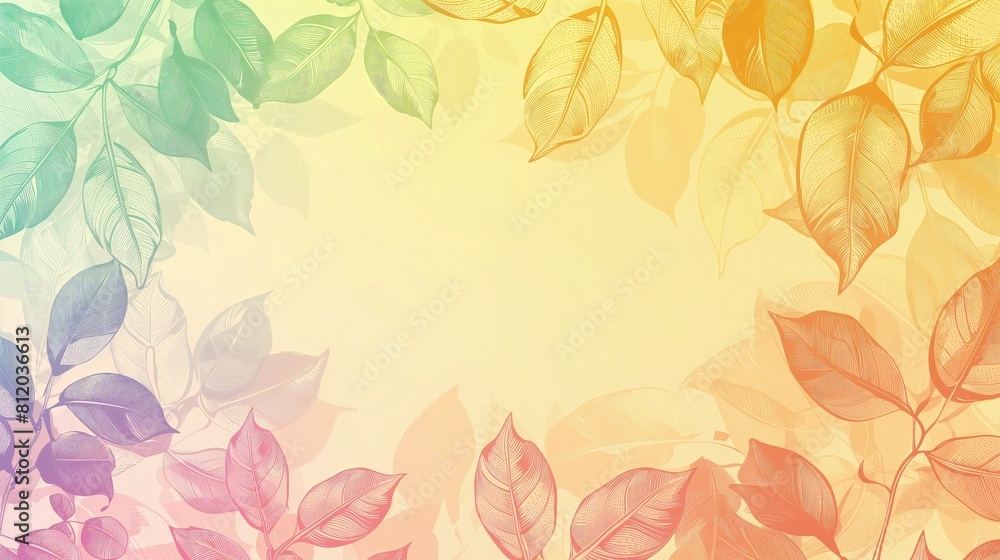Fototapeta premium Tło udekorowane jaskrawymi liśćmi na delikatnym tle. Liście różnych kształtów i kolorów. Przyjemne wrażenie wiosennej przyrody